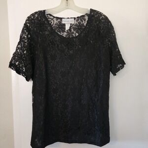 Bedford Fair Vintage 90s Black Lace Whimsigoth Top 1X Short Sleeve 71504 USA